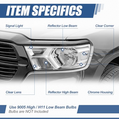 Auto Dynasty Headlights Assembly Compatible with 2019-2024 Dodge Ram 1500, Driver and Passenger Side Halogen Headlamps Replacement, GM2502329 GM2503329, Chrome Housing Clear Corner - color: Chrome Clear