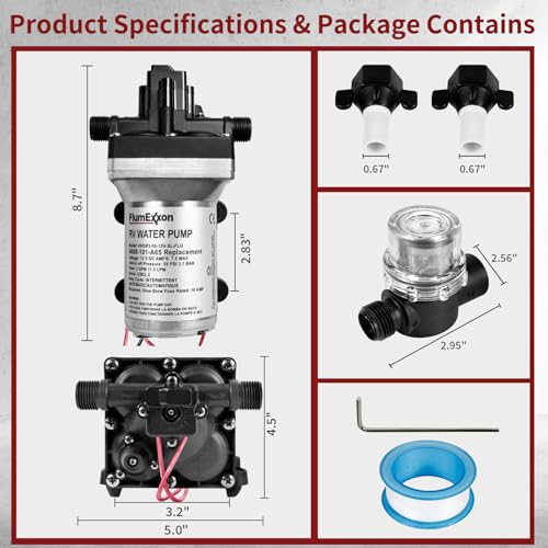 RV Water Pump 4008-101-A65/E65 Replacement, 3.0 GPM 55PSI, 12V DC Quiet RV Fresh Water Pump with Pressure Switch for Camper RV Shower Garden Industrial Yacht Food Truck Travel Trailer