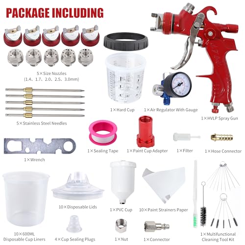 HVLP Spray Gun Kit with 10 Disposable 600ML Paint Cups & 5 Nozzles - color: red wine