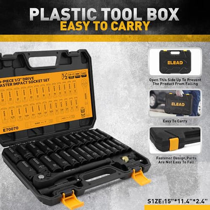 ELEAD 1/2" Drive Deep Impact Socket Set: 30-Piece Standard SAE (3/8 to 1 Inch) and Metric (10-24mm) Size, 3" and 5" Drive Extension Bar, Ratchet Handle, Bit Adapter, CR-V Steel for Auto Repair - color: 30pcs 1/2'' Drive Impact Socket Set Black