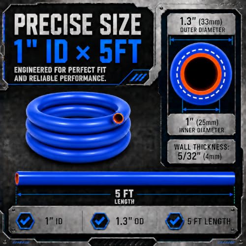 1" ID x 5 FT Silicone Heater Hose, 3-Layer Reinforced, Blue