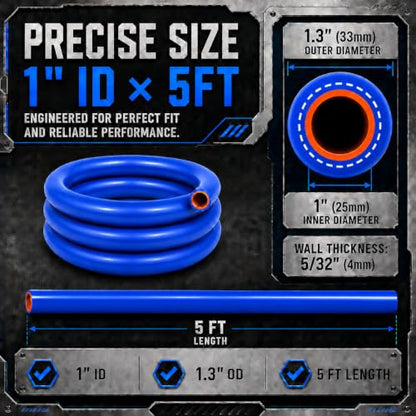 1" ID x 5 FT Silicone Heater Hose, 3-Layer Reinforced, Blue