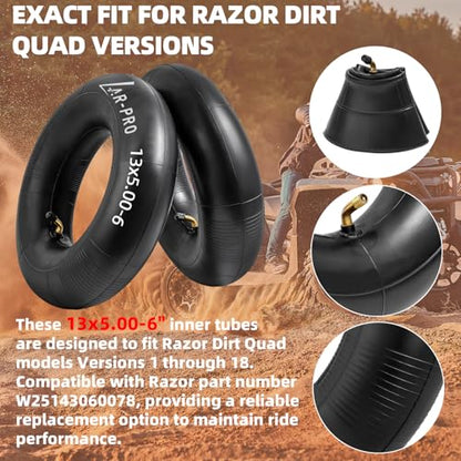 AR-PRO (2-Pack) 13x5.00-6 Heavy-Duty Inner Tubes Replacement for Razor Dirt Quad Versions, TR87 Bent Valve Stem, Fits Lawn Mowers, Go-Karts, ATVs, Snow Blowers, Garden Tractors, and More - size: 13x5.00-6,TR-87