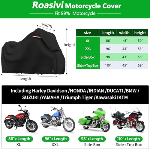 Roasivi Motorcycle Covers Outdoor Waterproof Motorbike Covers All Season Universal Weather Protection for Harley Davidson Touring Models General Fits XXL 96" L x 43" W x 55" H Black - size: 96" L x 43" W x 55" H