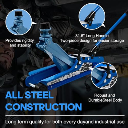 2.5 Ton Floor Jack Low Profile, Heavy-Duty Steel Racing with Single Piston Lift Pump, Lifting Range 3.35"-14.96" （Blue）