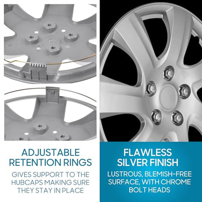 BDK (Set of 4) 16" Inch Rims Hubcaps Automotive Car Wheel Hub Caps Wheel Covers, Snap-On Direct OEM Replacement Toyota, Honda, Nissan, Ford, Mazda, Chevrolet, Kia, Hyundai, Volvo, BMW - 7 Spokes - color: Silver Classic