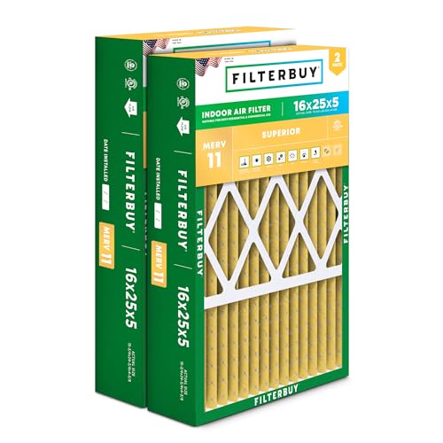 Filterbuy 16x25x5 Air Filter MERV 11 Pet & Allergy Defense (2-Pack) - size: 16x25x5 (Actual: 15.75 x 24.75 x 4.38)