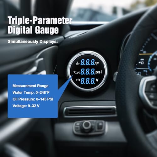 Triple Gauge Set 3in1,Water Temp (104°F-248°F), Oil Pressure (0-145PSI), Voltmeter (9-32V), AUTO Gauge with Digital Display Alarms for Cars Trucks Boats (Blue) - color: Blue