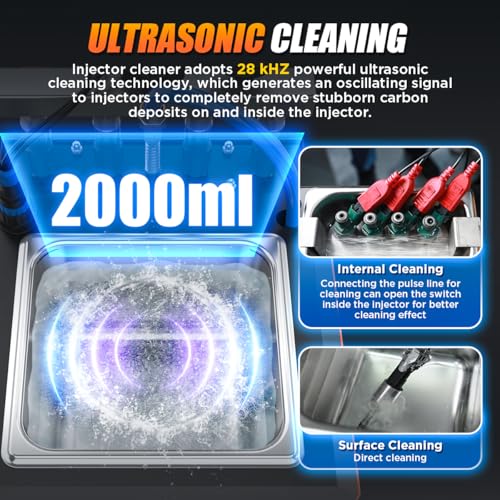Fuel Injector Cleaner Tester Kit 2000ML 28KHz Ultrasonic & Heated Injector Cleaner Machine 9 Test Mode Injector Tester 4-Cylinder Fuel System Injection Cleaning Tool for 5V/12V Motorcycle Car Injector - size: Large
