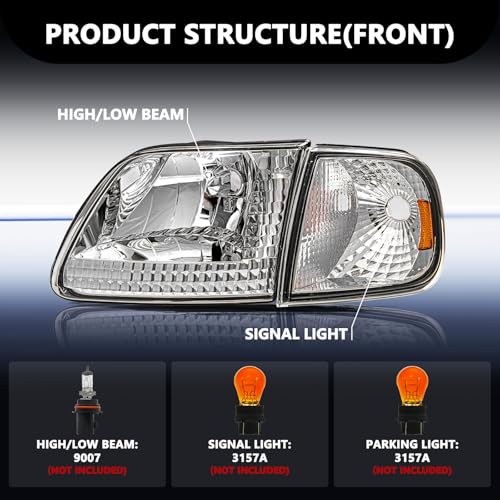 Aosky Halogen Headlights Assembly for 1997-03 Ford F150 Expedition - color: Chrome / Amber, style: w/o Bulbs