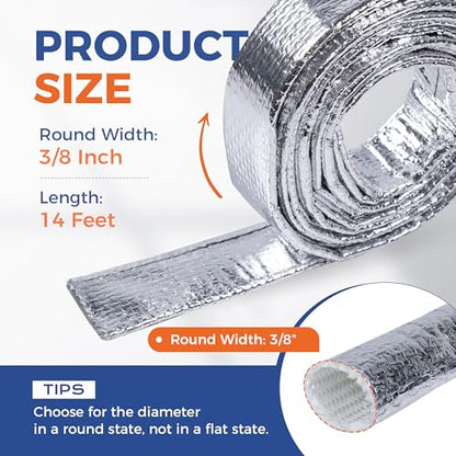 Automotive Aluminum Heat Shield Sleeve Wrap Wire Up to 485 °F, Cable Heat Shield Fire Sleeve Heat Resistance Silver Inner Diameter (3/8"-14ft) - size: 3/8"-14ft