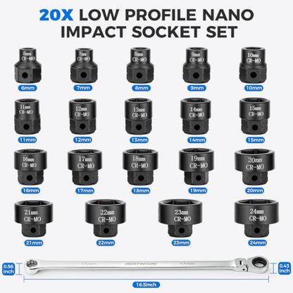 16.5" Long Flex Head Nano Ratchet Wrench & 19 Pcs 3/8" Nano Impact Sockets - size: 20-Piece