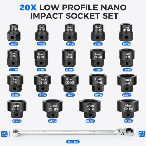 16.5" Long Flex Head Nano Ratchet Wrench & 19 Pcs 3/8" Nano Impact Sockets - size: 20-Piece