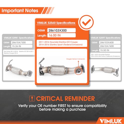 Exhaust Flex Pipe Direct Fit for 2011-2016 Hyundai Elantra 1.8L/GT/Coupe 2014-2016 Sport 2.0L Federal Emissions w/O2 Port OEM 286103X300(VK-52560) - size: 2011-2016 Hyundai Elantra / 2013 Elantra Coupe/GT
