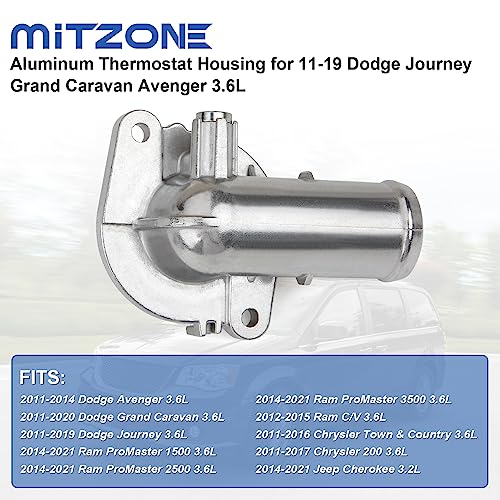 MITZONE Upgrade Aluminum Thermostat Housing Assembly Compatible with 2011-2021 Jeep Dodge RAM Chrysler 3.6L 3.2L V6 Vehicles - 200 Town & Country Avenger Grand Caravan Cherokee - color: 5184570AG(Upgrade Aluminum)