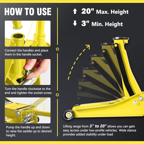 DNA Motoring Low Profile Hydraulic Trolley Service/Floor Jack, 3 Ton (6000 lbs) Capacity Heavy Duty Hydraulic Car Jack, Lifting Range 3"-20", Yellow, TOOLS-00475-YL - color: Yellow, style: 3 ton