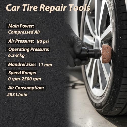 Tire Repair Kit, 2500RPM Low Speed Air Tire Buffer, Pneumatic Tire Repair Tool with 55mm 40mm Tungsten Steel Buffing Wheels, Tire Roller, Tire Inner Liner Scraper for Tire Repair Patch Tools