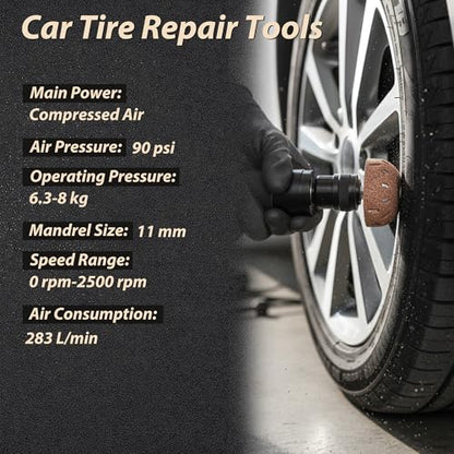 Tire Repair Kit, 2500RPM Low Speed Air Tire Buffer, Pneumatic Tire Repair Tool with 55mm 40mm Tungsten Steel Buffing Wheels, Tire Roller, Tire Inner Liner Scraper for Tire Repair Patch Tools