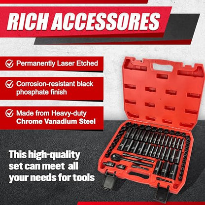 EACELIY 64pcs 3/8" Socket Set,Drive Impact Socket Set, SAE/Metric, Deep & Shallow, Cr-V Steel, 6 Point with Adapters, 72T Ratchet Handle, Extension Bars，Bit Adapter，6-24mm，5/16-1 inch - size: 64 PCS (5/16"-1")