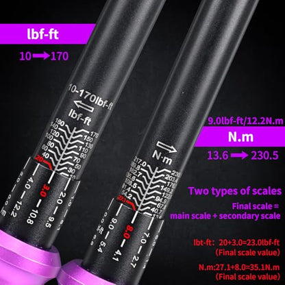 1/2" Inch Drive Click Torque Wrench 10-170 FT-LB/13.6-230.5N.M, ±3% Accuracy, Dual-Direction Click Professional Torque Wrench, Dual Range Scales Graduated in FT.LB and N.M, Purple - size: 1/2" 10-170 FT.LB(Purple)