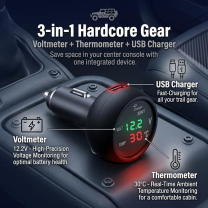 3-in-1 Car USB Power & Voltmeter & Thermometer, Real Time Monitor Gauge with LED Digital Display, Cigarette Lighter Plug and Play Detection Tool, Universal for Cars SUVs Trucks (Black)
