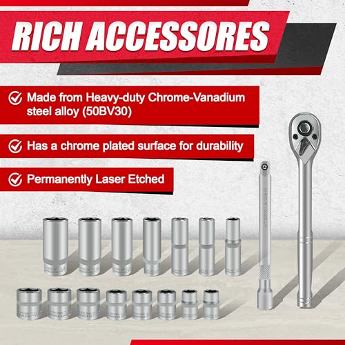 EACELIY 69pcs 1/4”&3/8"" Drive Impact Socket Set,Drive Master Socket Set,SAE/Metric, Deep & Shallow with Drive Head Ratchet,Drive Spark Plug Socket,Extension bar (3” & 6”),6 Point,CR-V Steel, Mirror - size: 69PCS 1/4&3/8inch