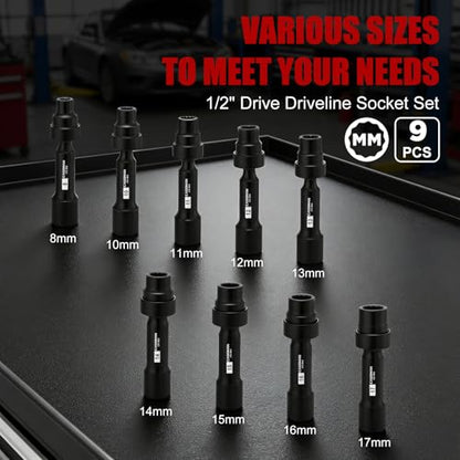 CASOMAN 9-Piece 1/2 Inch Drive Driveline Limited Clearance Socket Set, Deep Impact Swivel Socket Set, 12-Point, Metric, 8mm - 17mm, Cr-Mo Steel, with Heavy Duty Storage Case