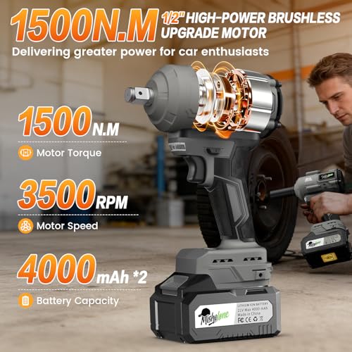 1/2" Cordless Impact Wrench, 1500N.m Brushless High Torque Impact Gun - color: Grey