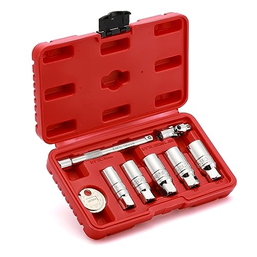 8-Piece 3/8 Inch Drive Spark Plug Socket Set with Spark Plug Gapper, Universal Joint and Extension Bar, SAE & Metric, 5/8-inch, 3/4-inch, 13/16-inch, 14mm, 18mm, CR-V Steel Sockets with Rubber - size: 8-Piece Spark Plug Socket Set with Accessory