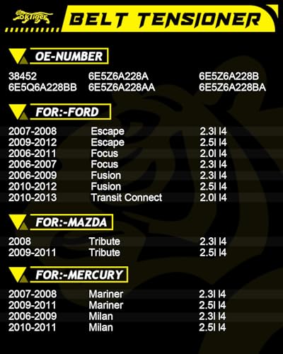 Oktiger 38452 Belt Tensioner Assembly with Pulley for Ford Escape 2007-2008 2.3L/2009-2012 2.5L, Focus 2006-2011 2.0L/2006-2007 2.3L, Fusion 2006-2009 2.3L/2010-2012 2.5L, OE # 6E5Z6A228A. - size: 38452