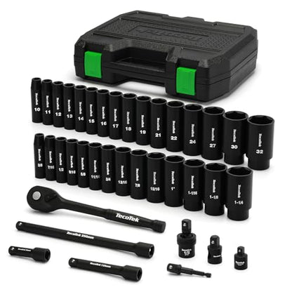 TecoTek 1/2" Drive Deep Impact Socket Set, 38-Piece Socket Set SAE 3/8 to 1-1/4 inch and Metric 10-32mm Size, Includes Extension Bars, Universal Joint, Adapter and Ratchet Handle, 6 Point, Cr-V Steel - style: 1/2" Drive 38pcs Impact Socket Set