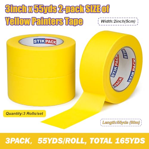 3 Rolls Yellow Painters Tape 2 Inch x 55 Yards (165 Total Yards), Automotive Masking Tape, Paint Tape for Painting, Painter's, DIY Crafts Arts Decoration Labeling and School Projects - color: yellow
