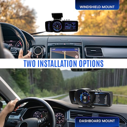 Heads Up Display for Cars – All in One HUD Dashboard Windshield Mount Car Display Screen with 100+ Digital Gauges Includes Temperature, Digital Speedometer, RPM Meter, Fuel, Plug and Play Display