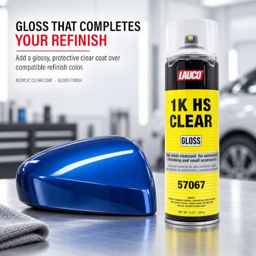 LAUCO 1K HS Gloss Clear 13 oz. Automotive Aerosol Spray Paint Can - Acrylic Clear Coat Perfect for Protecting Refinish Color on Small Accessories (1) 57067