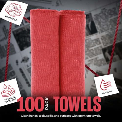 Utopia Cotton Shop Towels, 100 Pack, 12x14 Cleaning Rags, Red - color: Red