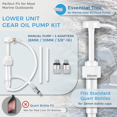 Lower Unit Gear Oil Pump for Standard Quart Bottle, 8cc Manual Fluid Pump Comes with 3 Generic Swivel Adapters, Fit for Mercury, Yamaha, Suzuki & More Outboard Quart Bottle Fluid Pump