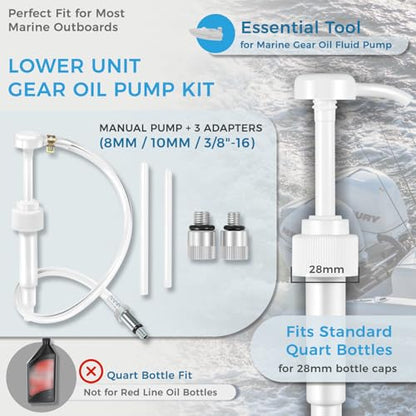 Lower Unit Gear Oil Pump for Standard Quart Bottle, 8cc Manual Fluid Pump Comes with 3 Generic Swivel Adapters, Fit for Mercury, Yamaha, Suzuki & More Outboard Quart Bottle Fluid Pump