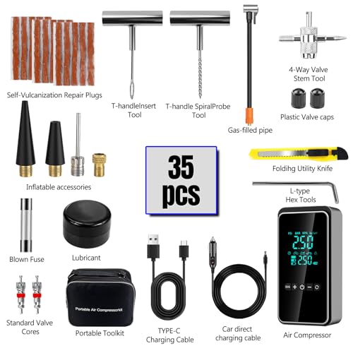 Tire Inflator Portable Air Compressor with Tire Repair Kit - size: 35pcs