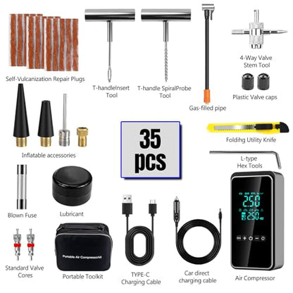 Tire Inflator Portable Air Compressor with Tire Repair Kit - size: 35pcs