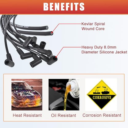 RLP HEI Universal Spark Plug Wire Set 8mm with Black Silicone Jacket and 90 Degree Boots Replaces 5553