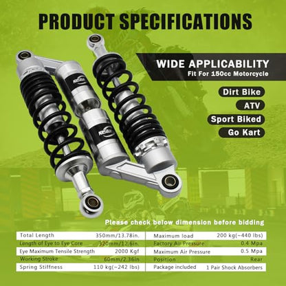 Universal 320mm Shock Absorber, Damping System for Street Bikes, Go Karts, Scooters & ATVs, Motorcycle Rear Suspension Upgrade - color: BLACK-SILVER