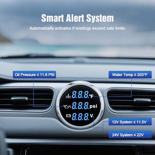Triple Gauge Set 3in1,Water Temp (104°F-248°F), Oil Pressure (0-145PSI), Voltmeter (9-32V), AUTO Gauge with Digital Display Alarms for Cars Trucks Boats (Blue) - color: Blue