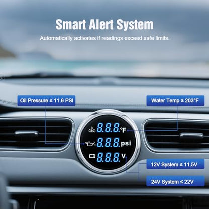 Triple Gauge Set 3in1,Water Temp (104°F-248°F), Oil Pressure (0-145PSI), Voltmeter (9-32V), AUTO Gauge with Digital Display Alarms for Cars Trucks Boats (Blue) - color: Blue