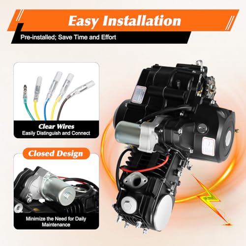 125CC 4-Stroke Engine Motor, 7.64HP 3-Speed Go Kart Engine for Motorcycles, Atvs, Go-Karts, Tricycles, Air Cooling System, Kick Start, Electric Start Engine