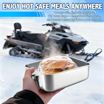 Hohean Exhaust Food Warmer Kit, Stainless Steel Lunch Box, Food-Grade Exhaust Cooker with High-Temp Oven Bags, ATV UTV Motorsports Camping Cold Weather Snowmobile Accessories（1 Pack）
