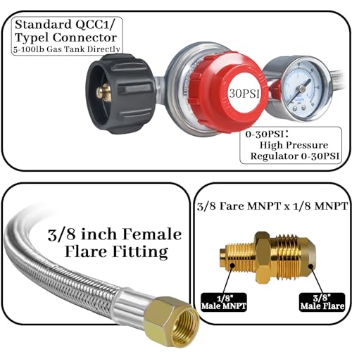 12FT 0-30PSI High Pressure Adjustable Propane Regulator with 0-60PSI Gauge Gas Flow Indicator, Stainless Steel Braided Hose and Gas Grill Regulator, QCC1x3/8 Female Flare Fitting for Gas Tank Cooker