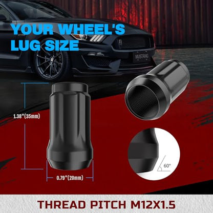JiiinMiiin M12x1.5 20pcs Black 6 Spline Lug Nuts Sets with 1 Socket Key - color: Black, size: M12x1.5, style: 20pcs - 1.38"tall