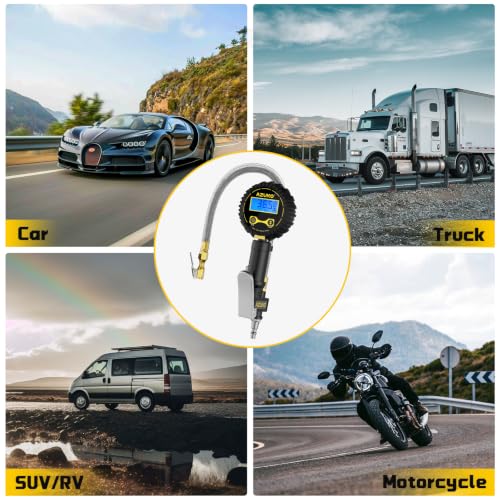 Digital Tire Inflator with Pressure Gauge, 200 PSI, Stainless Braided Hose - size: Standard with 7-Piece Set