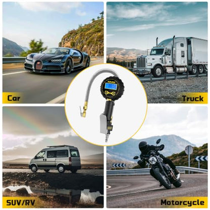 Digital Tire Inflator with Pressure Gauge, 200 PSI, Stainless Braided Hose - size: Standard with 7-Piece Set