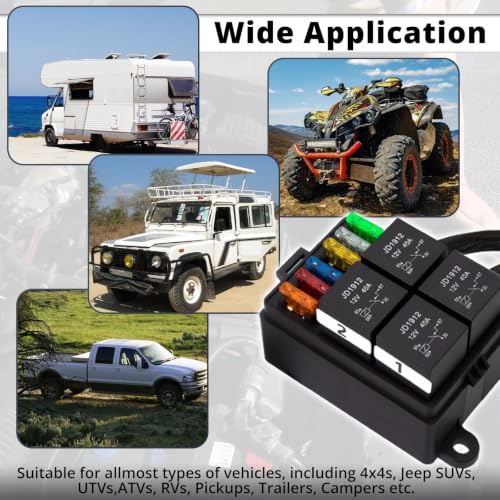 12V Pre-Wired Fuse and Relay Box Kit with 4 x 40A Relays & 6 ATC/ATO Fuses, Universal 4-Pin Relay Block for Cars, Trucks - size: 40A 4 Relay 6 Fuse